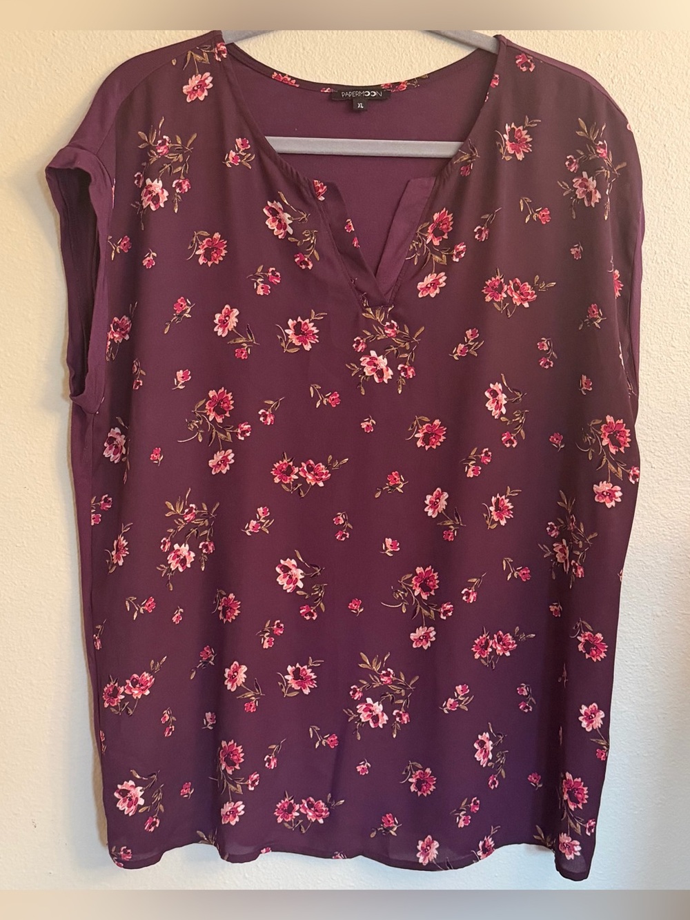 Papermoon Plum Floral Split V-Neck Blouse with Pink Accents